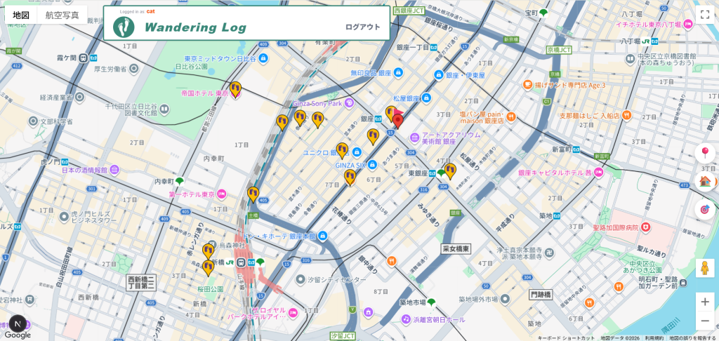地図に訪問先のマーカーが並んだ画面